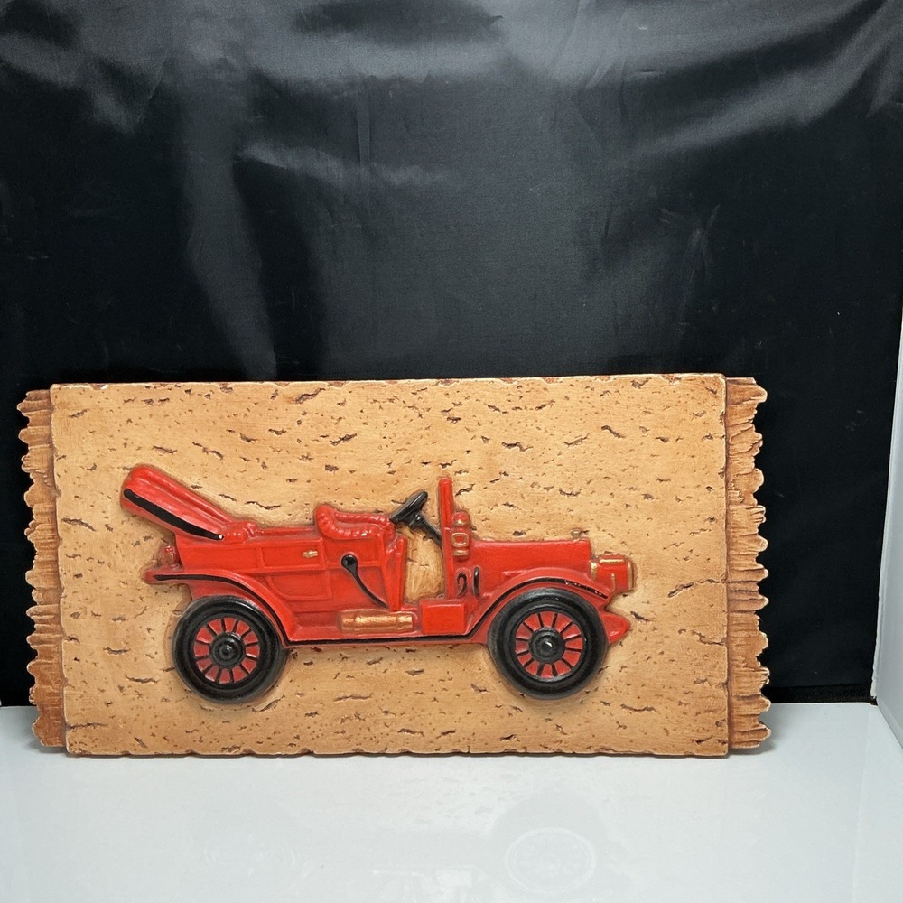 Vintage Large 18x9 Chalkware Classic Car Wall Plaque 3D Relief Retro 1960s 1970s